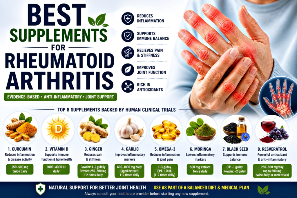 8 Best Supplements for Rheumatoid Arthritis (2026 Evidence-Based Guide – Human Clinical Trials) best supplements for rheumatoid arthritis anti inflammatory supplements infographic