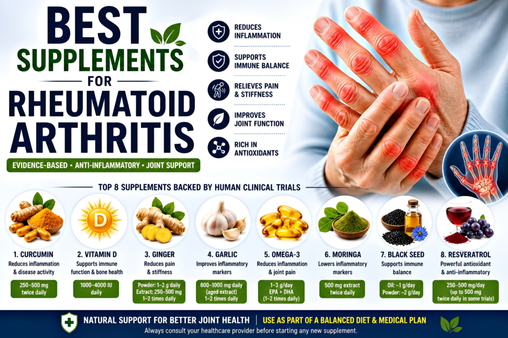 8 Best Supplements for Rheumatoid Arthritis (2026 Evidence-Based Guide – Human Clinical Trials) best supplements for rheumatoid arthritis infographic